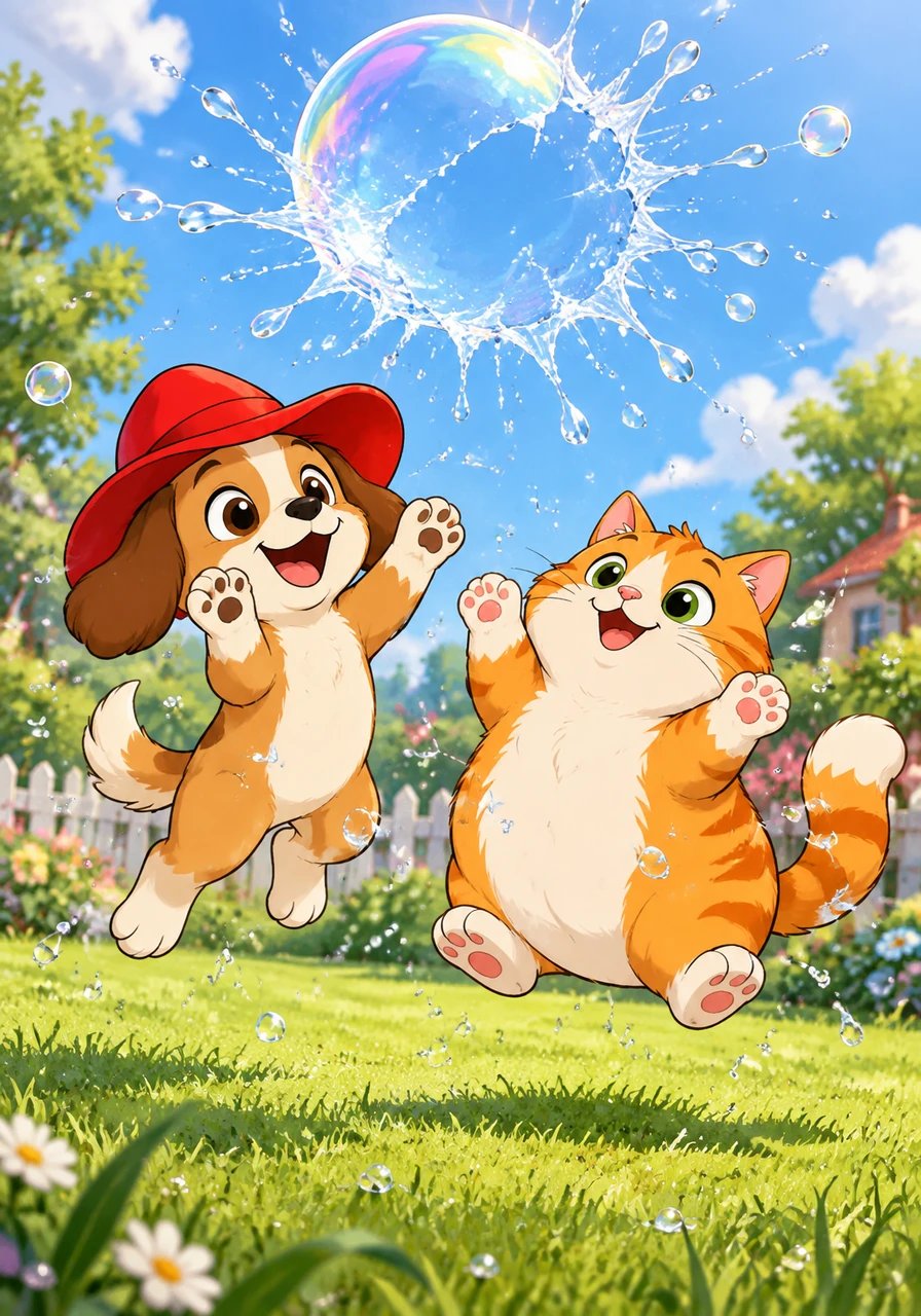 POP! The big bubble pops with a little splash! Wet drops fall down on the green grass. Pip and Sam wag their tails and jump with joy.