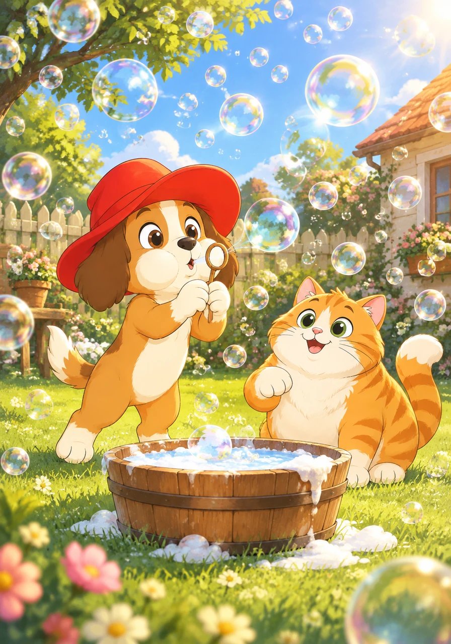 Pip dips his stick into the tub one more time. He blows fast, and lots of tiny bubbles fill the air! Bubbles drift everywhere in the sun.