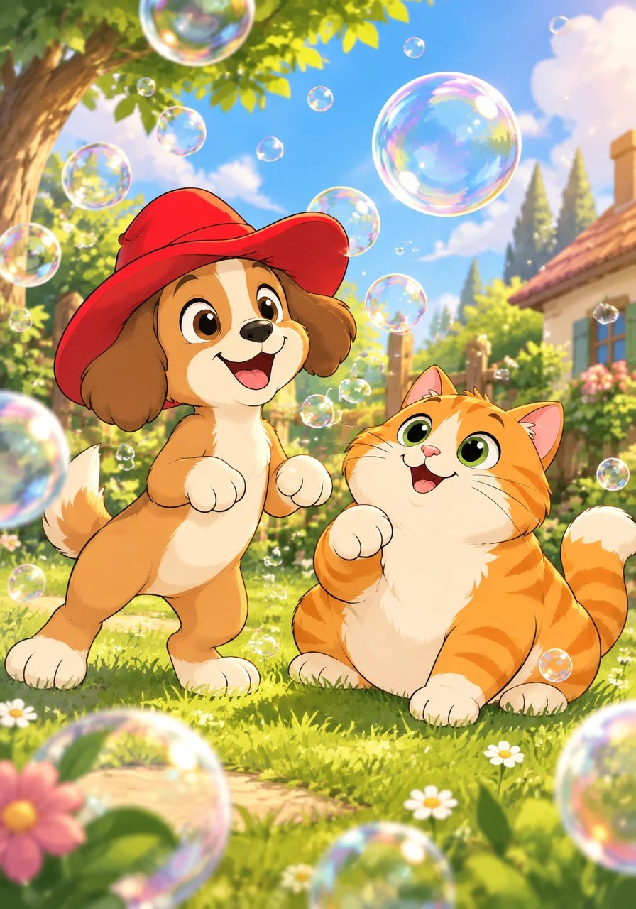 A hen and a pig come to look at all the floating bubbles. The tiny bubbles bob and dip in the soft wind. Everyone gets ready to play together.