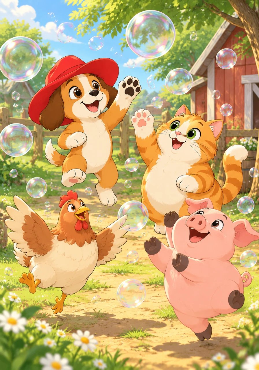 Pip, Sam, the hen, and the pig run and hop around the yard. They pop the bubbles with their noses and paws. Pop, pop, pop goes the fun!