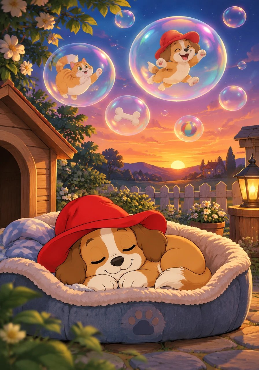 The sun goes down, and the yard grows quiet. Pip is a very tired pup who curls up in his cozy bed. He dreams of big, shiny bubbles floating high in the sky.