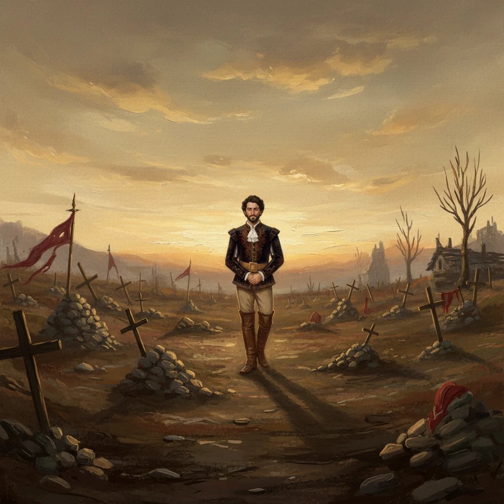 La guerra ha terminado, pero sus profundas cicatrices permanecen en la tierra y en el alma de la gente. Mateo camina entre las tumbas improvisadas, recordando a los caídos y el alto precio de la libertad. El silencio de la paz se mezcla con el luto por las vidas perdidas en la lucha.