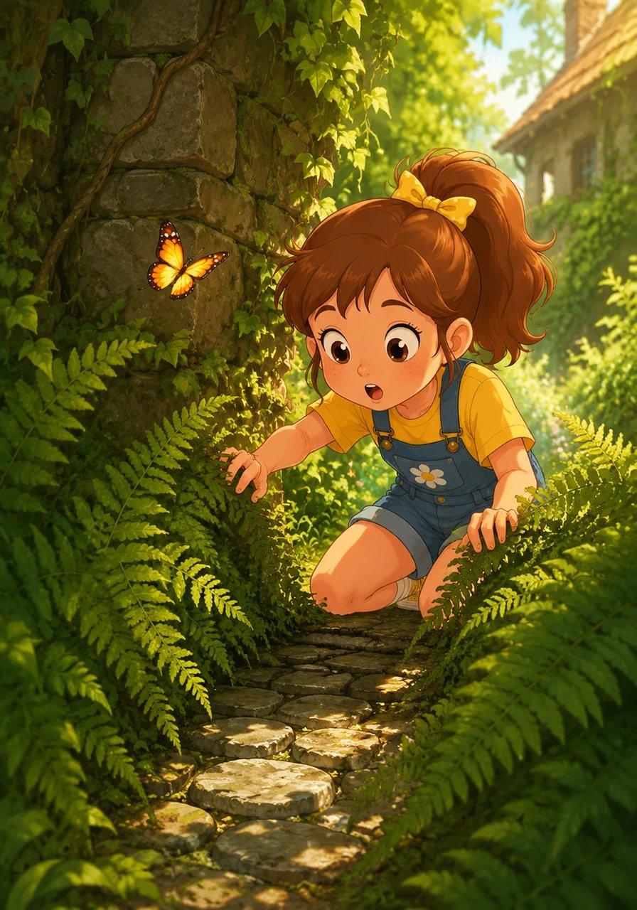 Lily loved exploring the sunlit garden behind her cottage, where wild ivy twined around ancient stone walls. One sunny morning, while following a bright yellow butterfly, she noticed a hidden cobblestone path tucked away beneath overgrown fern leaves. Curious and breathless, she parted the green fronds to see where the secret walkway would lead.