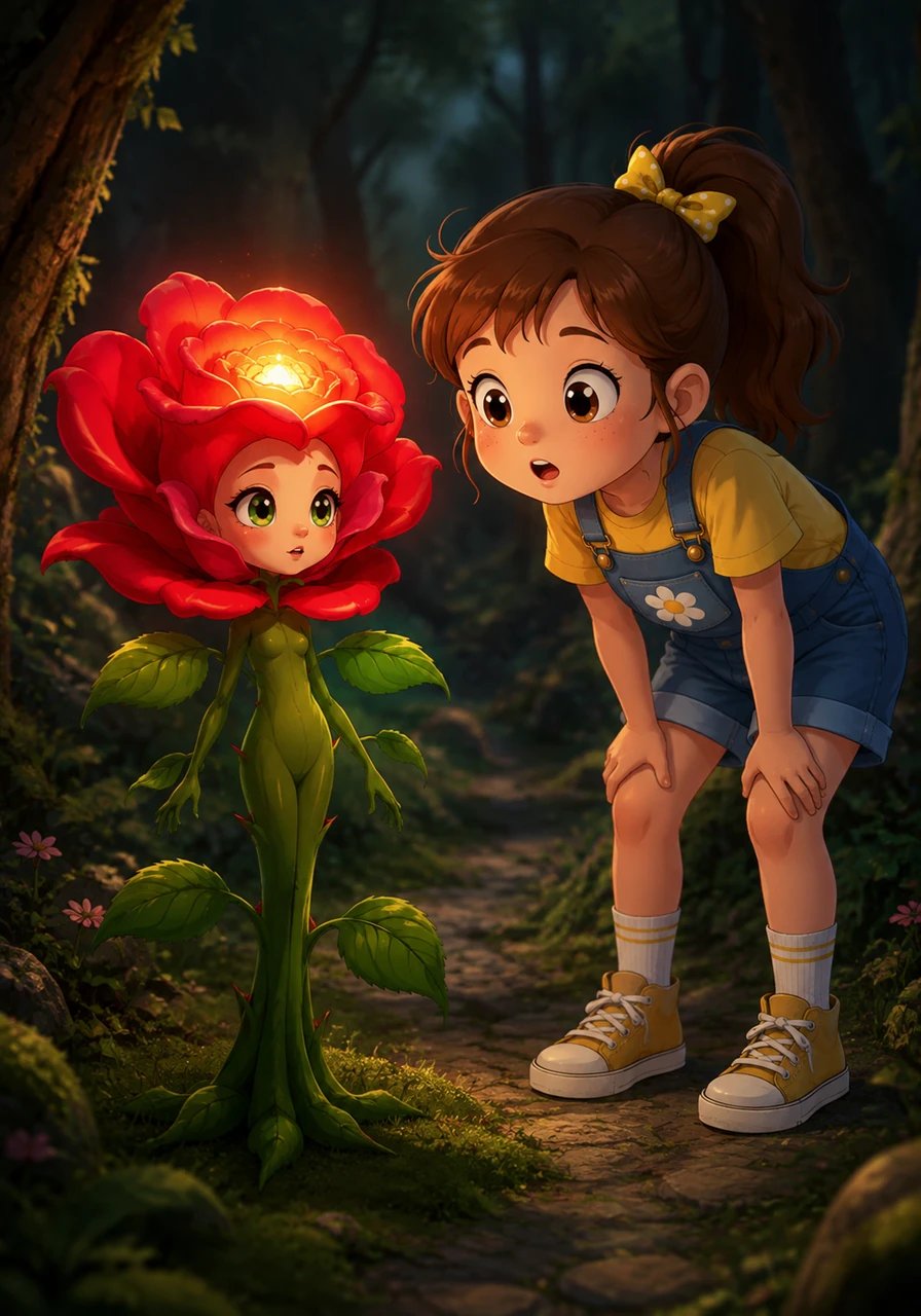 At the end of the mossy path stood a single crimson rose, blooming radiant and tall despite the deep shade. As Lily leaned closer to admire its velvety petals, the flower gently unfurled, and a tiny, musical voice echoed softly from its glowing center. Lily gasped in delight as the blossom softly greeted her by name.