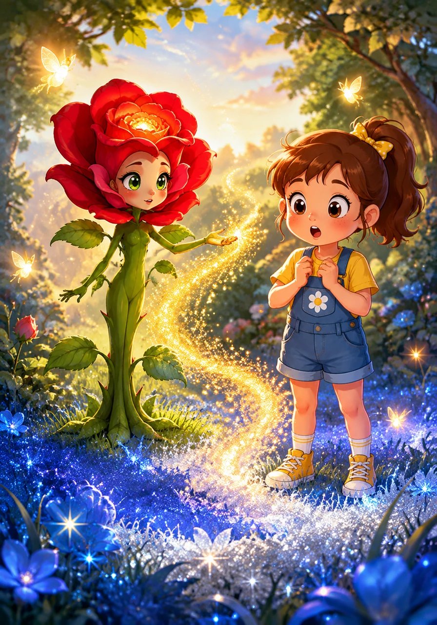 Rosalind gently fluttered her petals, releasing a sparkling cloud of golden pollen into the morning air. The shimmering dust drifted around Lily, transforming the surrounding grass into vibrant carpets of glowing twilight blue and starlight silver. Lily watched in utter amazement as tiny luminous spirits fluttered around the blossoms.