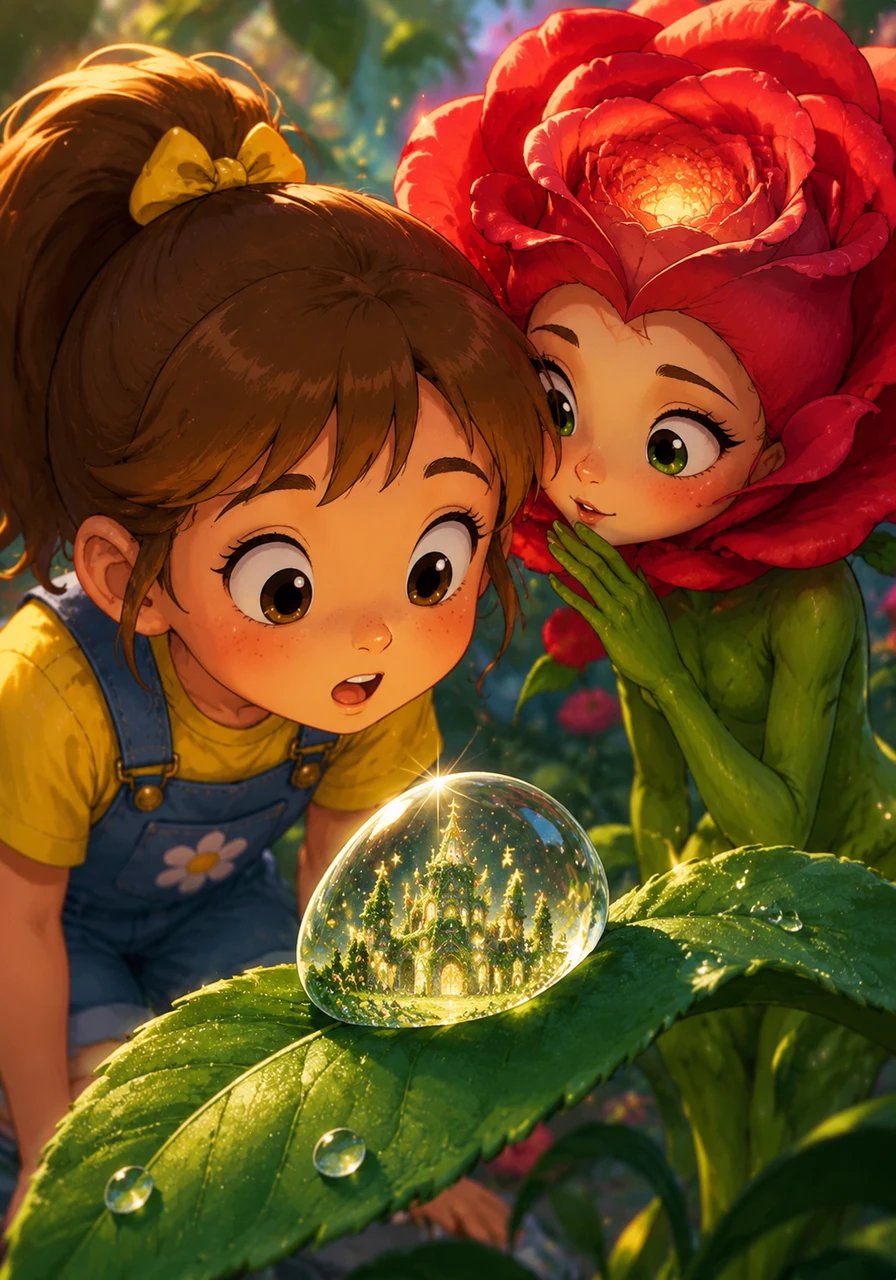 The rose showed Lily a glowing vision suspended inside a single drop of morning dew resting on a leaf. Inside the sparkling droplet, Lily saw a grand palace built of woven vines and starlight blossoms, waiting quietly to bloom again. Rosalind whispered that only a child with a heart full of wonder could awaken the sleeping kingdom.
