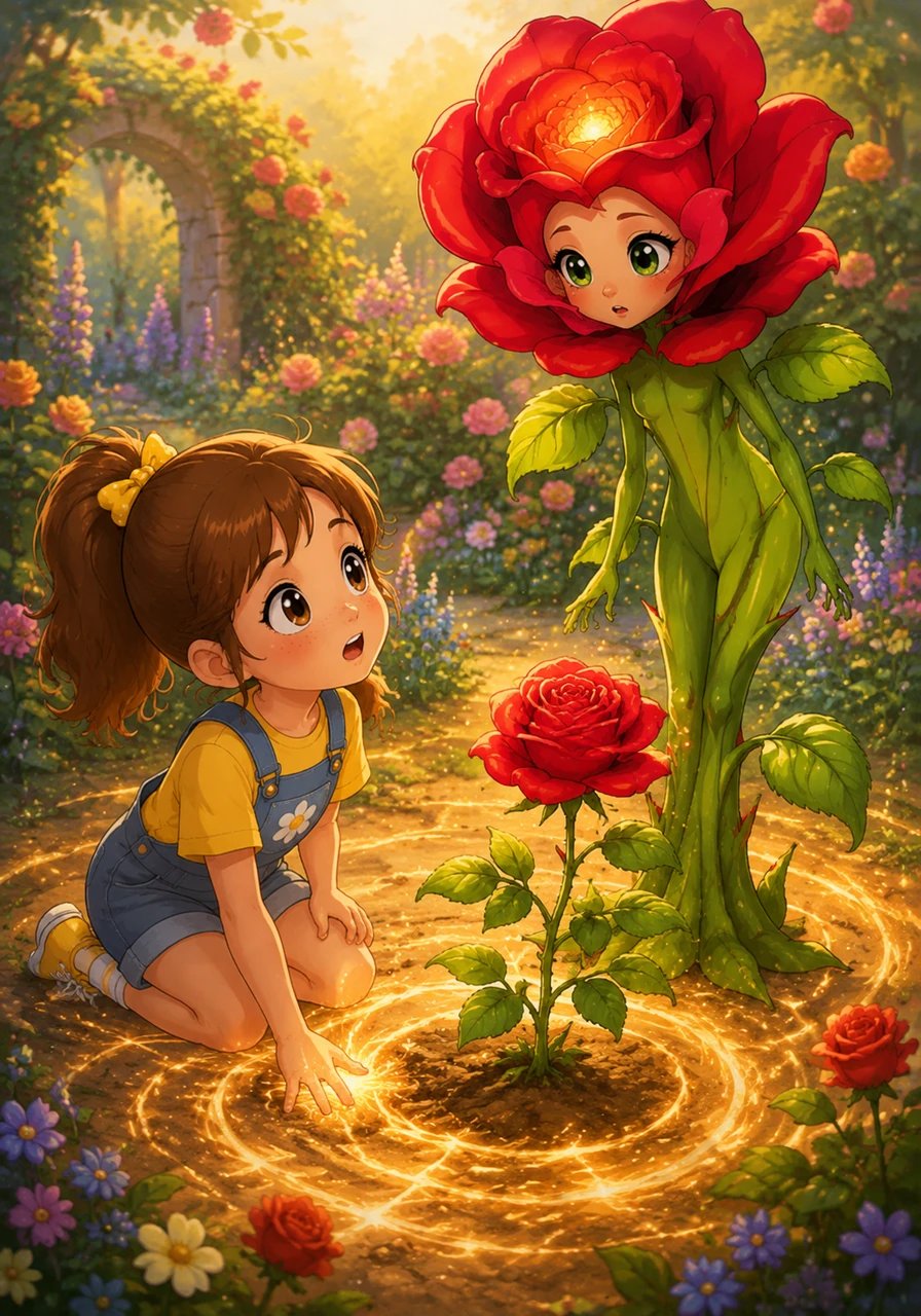Eager to help, Lily gently pressed her hand against the soft warm earth beside the rose. She promised Rosalind that she would always treasure the magic of nature and share its beauty with everyone she met. As her honest words echoed through the ground, a warm wave of sparkling light rippled across the garden.