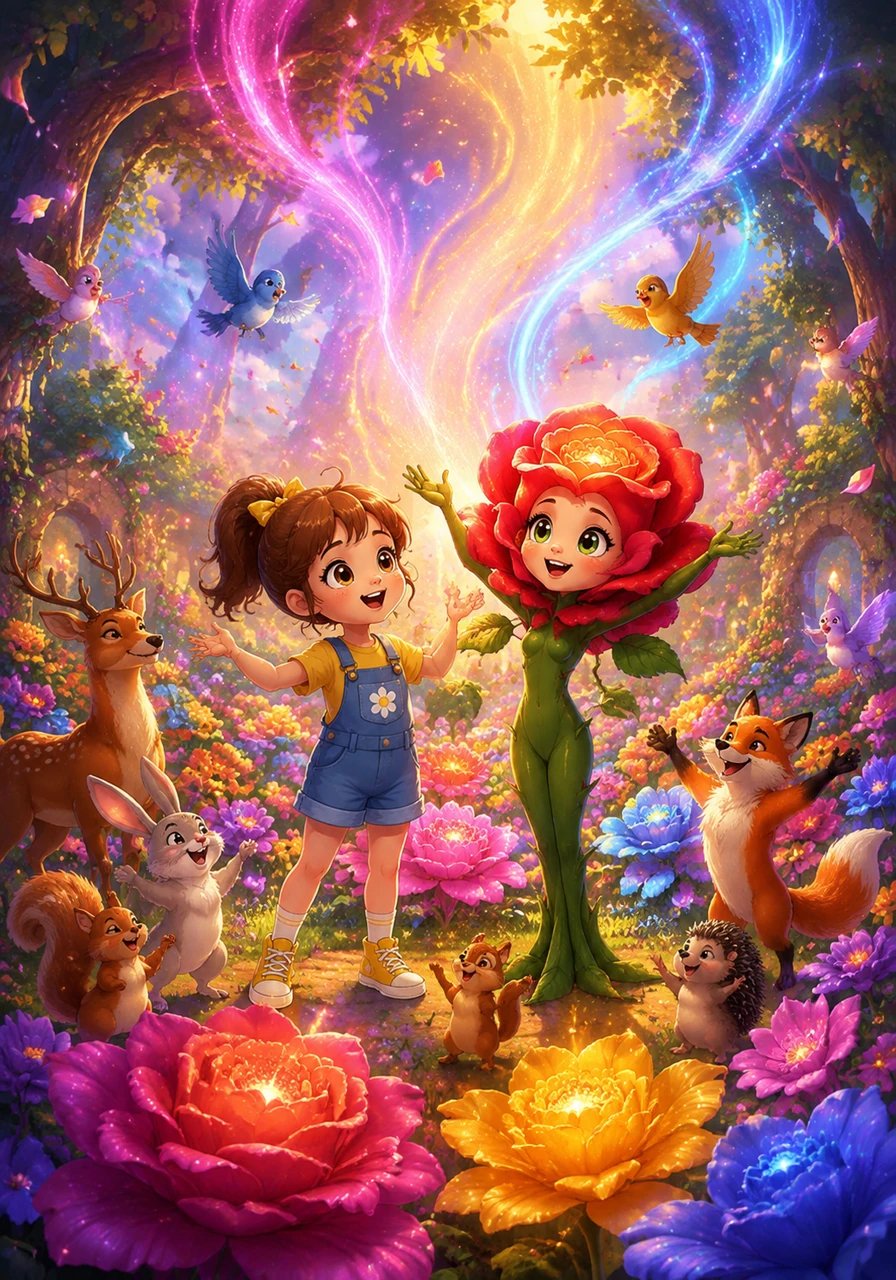 Magnificent new flowers began to sprout all around them, opening in brilliant shades of magenta, indigo, and gold. Streams of soft color floated up toward the tree canopy, painting the sky with dazzling ribbons of light. The forgotten garden hummed with song as friendly woodland creatures gathered to celebrate.