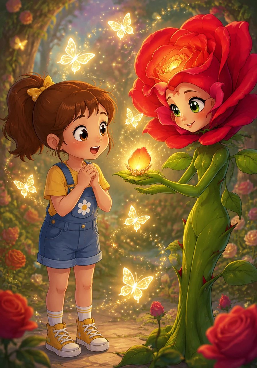 Tiny butterflies with wings made of shimmering starlight emerged from the new buds, circling around Lily in a joyful dance. Rosalind presented Lily with a tiny, glowing petal brooch that radiated a soothing warmth. The rose promised that as long as Lily kept her wonder alive, the portal between their worlds would remain open.