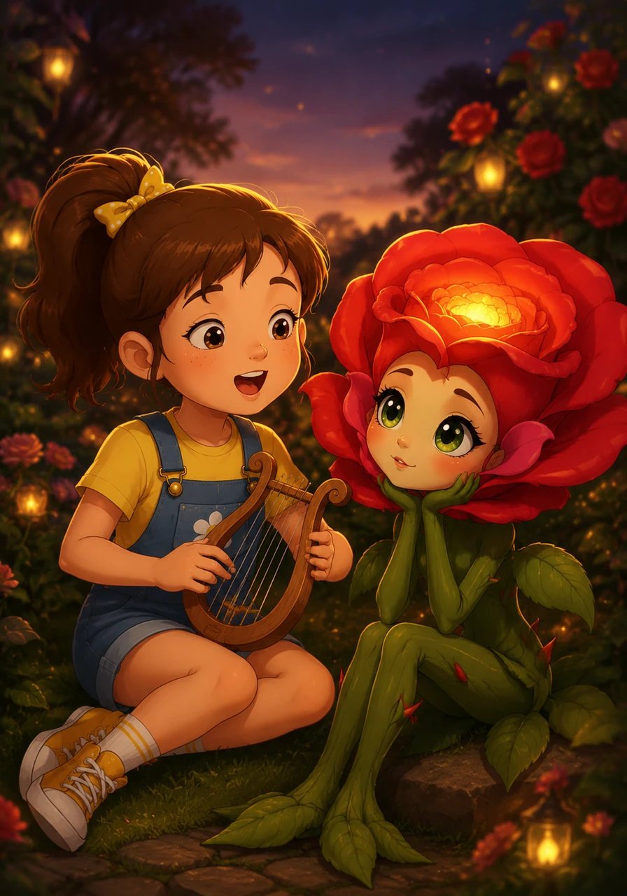 As the afternoon sun dipped below the horizon, painting the garden in soft amber light, Rosalind sang a gentle lullaby of the ancient forest. Lily listened intently, saving every note and secret word in her heart so she would never forget this magical day. The surrounding flowers swayed gracefully to the rhythm of the song.