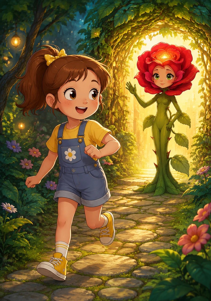 With a heart filled with wonder, Lily bade Rosalind farewell and skipped back down the hidden cobblestone path toward home. Looking back over her shoulder, she saw the garden entrance softly glowing with golden light. Lily smiled, knowing this was only the beginning of many magical adventures together.