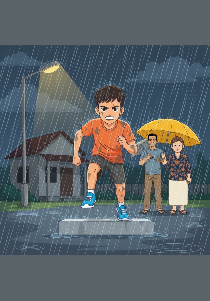 Akhirnya Bimo berhasil membeli sepasang sepatu lari berwarna biru cerah, namun rintangan baru muncul saat musim hujan tiba dengan sangat lebat. Jalanan desa menjadi sangat berlumpur dan licin, memaksa Bimo untuk tetap berlatih meskipun kakinya terasa sangat berat terbenam lumpur.