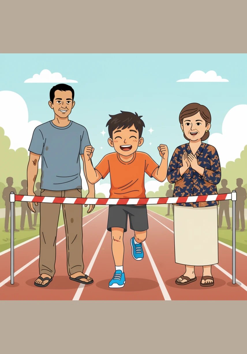 Dengan sisa tenaga yang ada, Bimo melintasi garis finis dengan senyuman lebar dan rasa syukur yang luar biasa di dalam hatinya. Meski ia tidak menjadi juara pertama, Bimo menyadari bahwa keberhasilannya melewati semua rintangan telah menjadikannya seorang pelari sejati yang pantang menyerah.