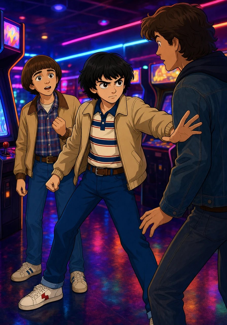 Durante una tarde de videojuegos en el salón de recreativos, un chico del instituto se acerca a felicitar a Will por romper un récord de puntuación. Al ver que el desconocido le sonríe a Will y toca amistosamente su hombro, a Mike se le enciende la sangre de celos. De un brinco, se interpone físicamente entre ambos con los puños apretados y una mirada desafiante hasta que el chico se aleja incómodo.