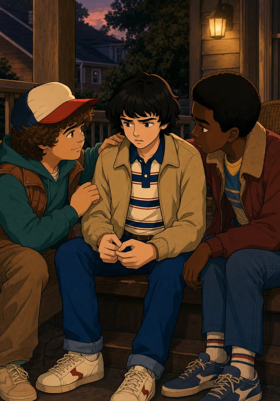 En el porche de la casa, Dustin y Lucas se reúnen en privado con Mike para hablar sobre su comportamiento impredecible. Ambos le aseguran que no tiene por qué disimular más, pues todo el grupo ya sabe lo intensamente enamorado que está de Will. Le prometen que van a respaldarlo y a organizar situaciones a solas para que por fin se arme de valor y se declare.