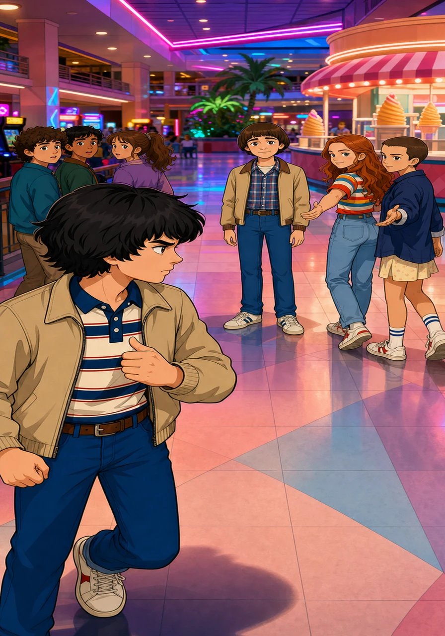 Más tarde en el centro comercial Starcourt, Max y Eleven se suman a la conspiración para unir a los dos amigos. Mientras simulan buscar helados, desvían disimuladamente a otros compañeros de clase que intentan hablar con Will, despejando el camino por completo para Mike. Mike agradece la ayuda con un asentimiento tenso mientras no pierde de vista ni por un segundo a Will.