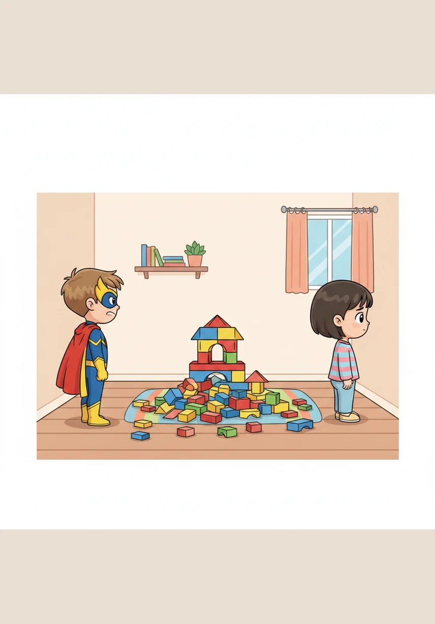 With a sudden tug, the magnificent tower wobbled and crashed to the floor in a chaotic heap of colors. They stood in silence, looking at the mess, before turning their backs on one another and marching to opposite corners of the room.