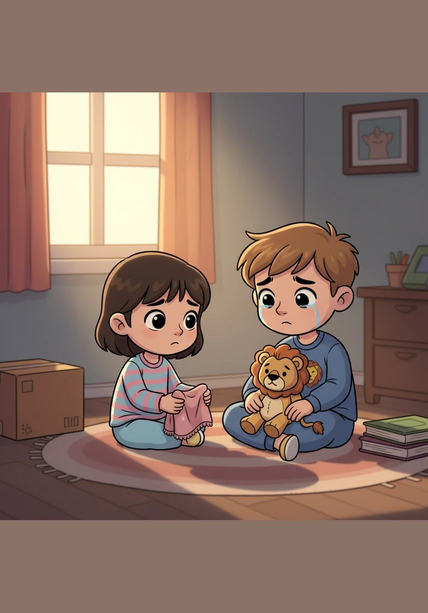 Leo went to the window to watch the raindrops race down the glass, feeling a heavy knot in his chest that wouldn't go away. Across the room, Mia sat with her teddy bear, staring at the floor and feeling just as lonely and sad.