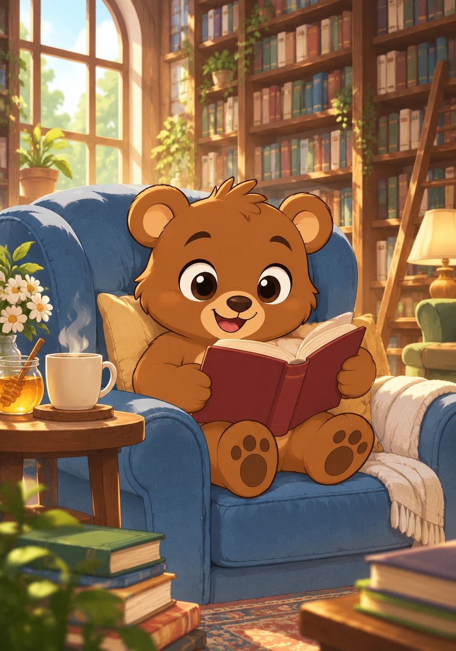 In a warm, sunlight-filled library filled with cozy armchairs and towering wooden bookshelves, Boris the little brown bear loved nothing more than losing himself in a good story. Every morning, he snuggled into his favorite blue chair with a warm cup of honey tea, ready to read his favorite tales.