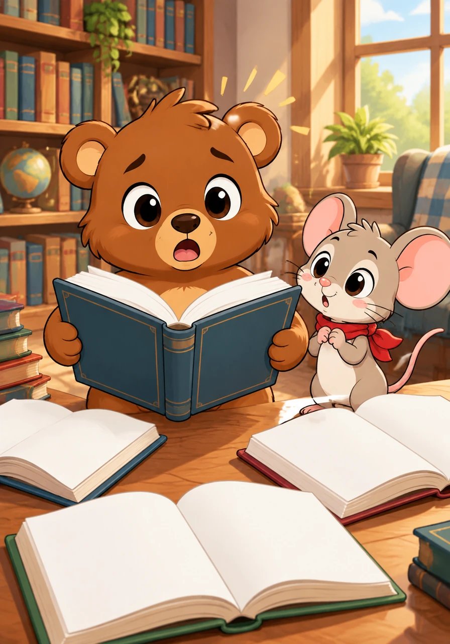 One crisp morning, Boris opened a thick storybook, but to his utter surprise, the pages were completely blank. He pulled down another book, then another, and another, only to find that every single letter had vanished into thin air, leaving behind empty white paper.