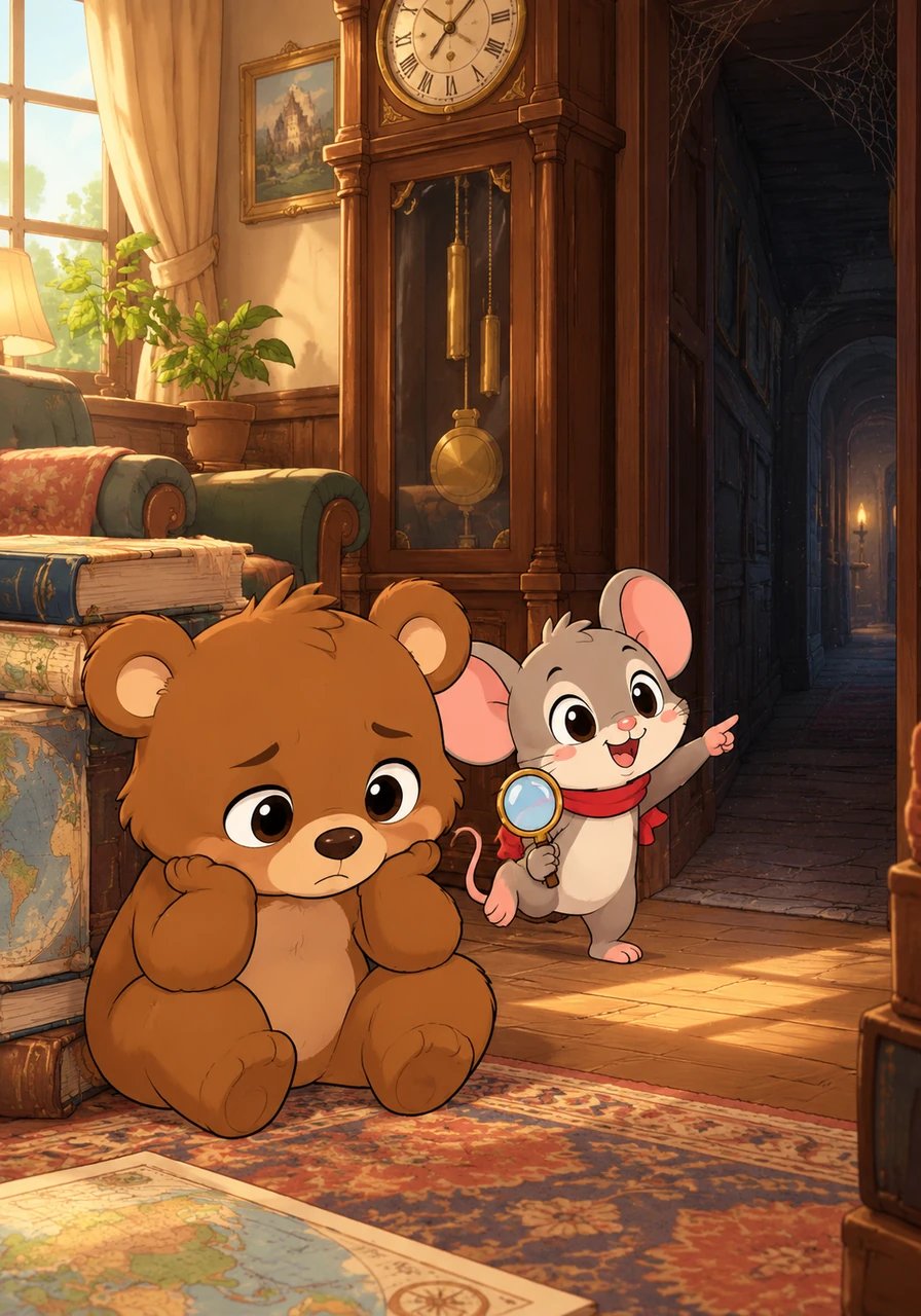 Just as Boris sat on the carpet feeling defeated, a tiny mouse named Pip scrambled out from behind a stack of old atlases. Wearing a tiny red scarf and holding a miniature magnifying glass, Pip squeaked cheerfully that she had seen tiny ink spots dancing toward the dusty corridor behind the grand grandfather clock.