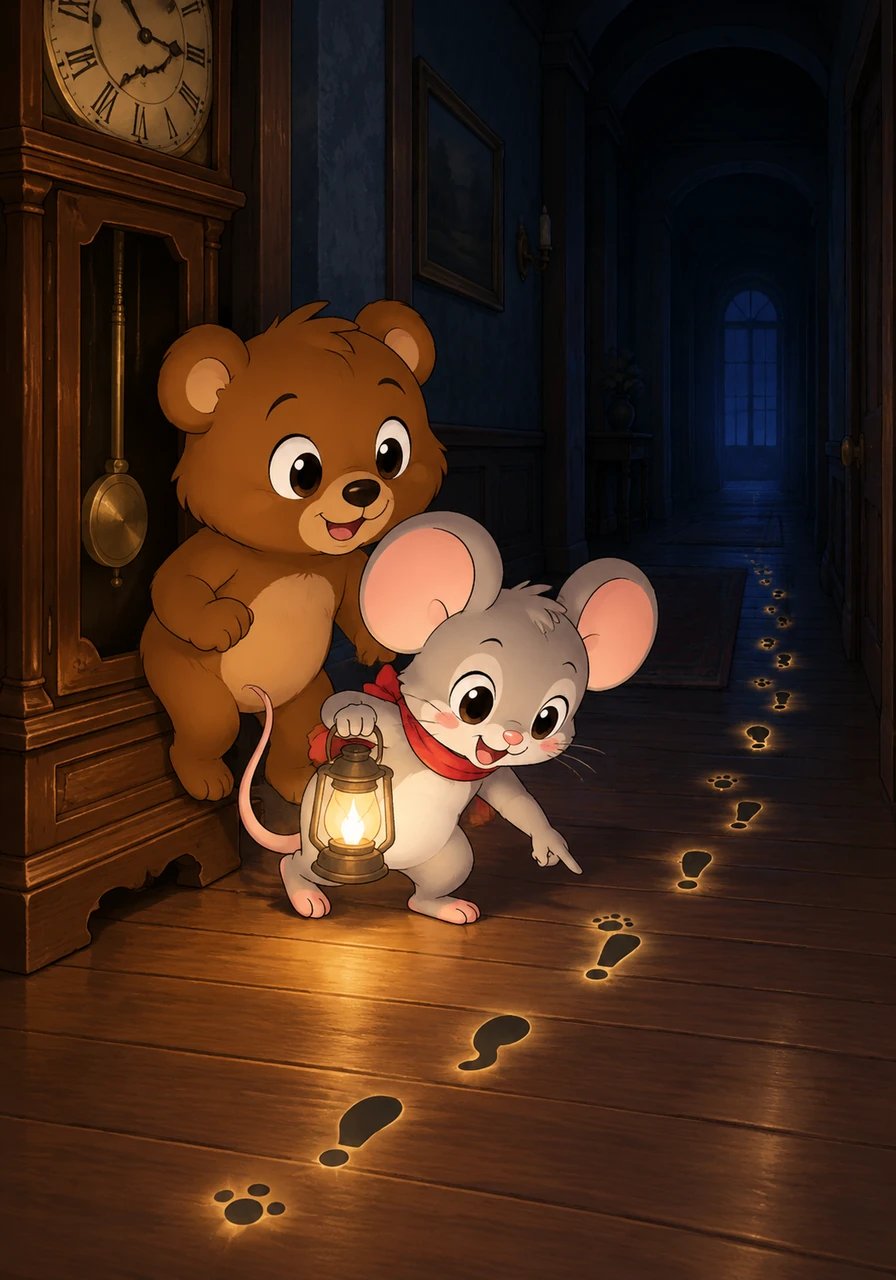 Determined to solve the mystery, Boris and Pip tiptoed into the shadowy hall behind the grandfather clock. Along the floor, Pip pointed out a faint trail of glowing black footprints that looked suspiciously like little commas, exclamation marks, and wobbly dots.