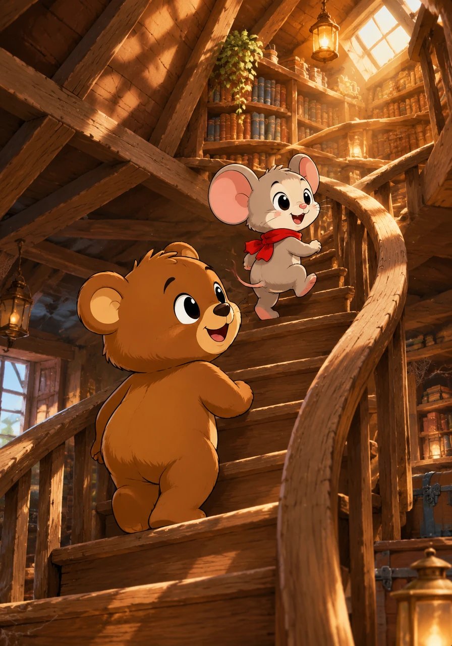 The trail led them up a winding spiral staircase that creaked softly with every step, climbing high into the forgotten attic of the library. Shadows danced on the wooden beams, and a low, cheerful chittering sound vibrated through the warm air.
