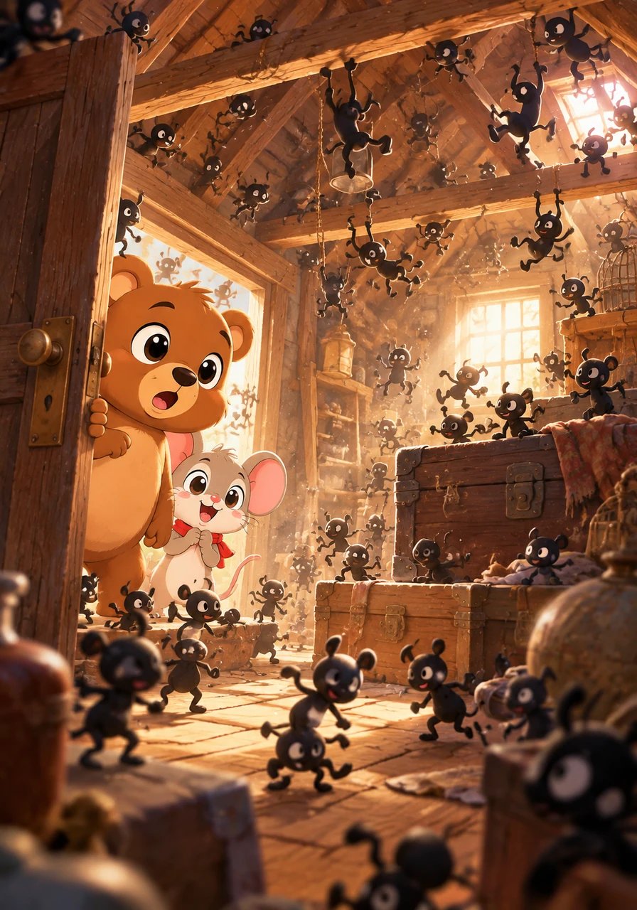 When Boris gently pushed open the dusty attic door, his eyes widened in total wonder. Thousands of tiny black letters were swinging from wooden rafters, sliding down dusty trunks, and playing leapfrog like energetic little acrobats!