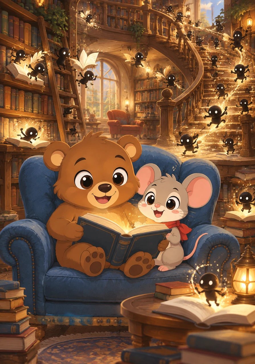 With a cheerful swoosh, the letters organized themselves into a sparkling black parade, fluttering back down the stairs and tumbling neatly into their proper places inside every book. Boris and Pip sat together in the blue armchair, happily reading a freshly restored adventure as the library filled with magic once more.