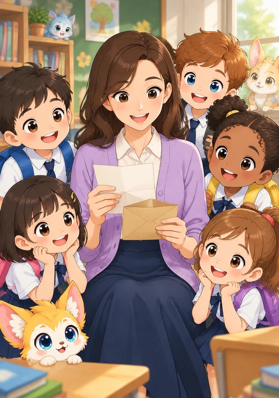 The teacher carefully opens the envelope and reads the letter aloud to the eager class. The message reveals that tiny, curious visitors from a very special place are coming to meet them, bringing a magical surprise.
