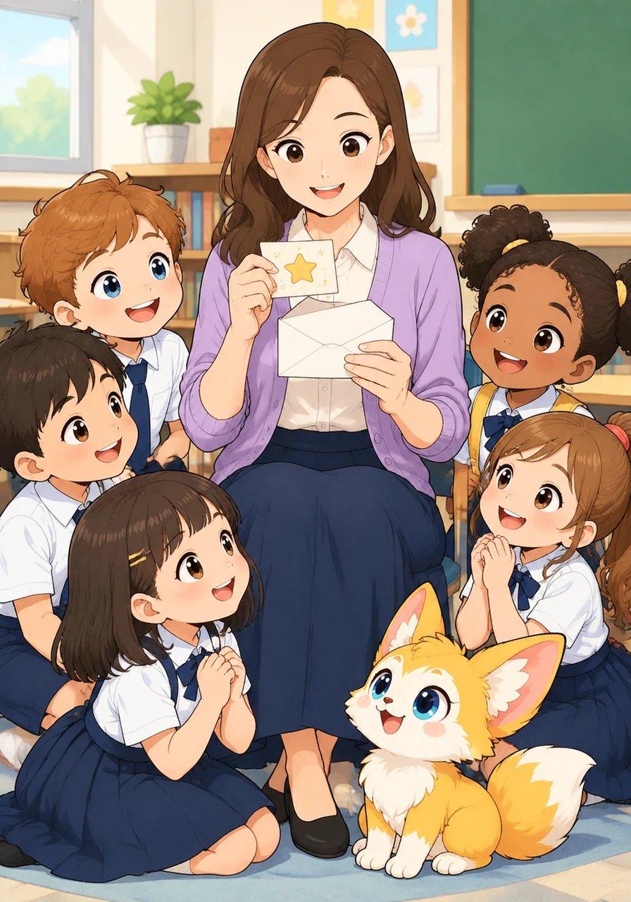 The teacher notices a small card hidden beneath the original letter and reads a second clue to the class. The card explains that these peaceful visitors will soon arrive in a place filled with green trees, blooming flowers, and fresh air.