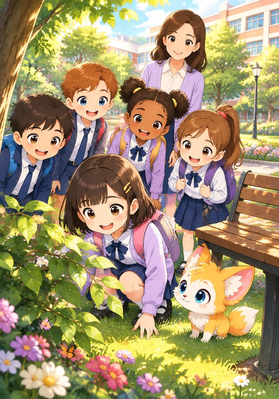 The children gather their jackets and walk together into the sunlit park next to the school. Mila kneels down to look closely beneath the leafy branches, between colorful garden blossoms, and around the wooden park benches.