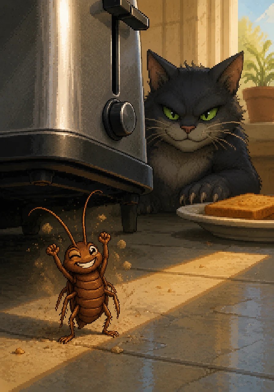 Clyde woke up early under the toaster, feeling much braver than a roller coaster. He stretched his antennae and shook off the dust, ready to start because breakfast is a must.