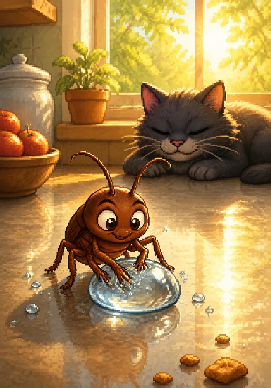 He washed his six legs in a drop of sweet dew, looking around for something to chew. The kitchen was quiet, the sunlight was bright, everything seemed to be going just right.