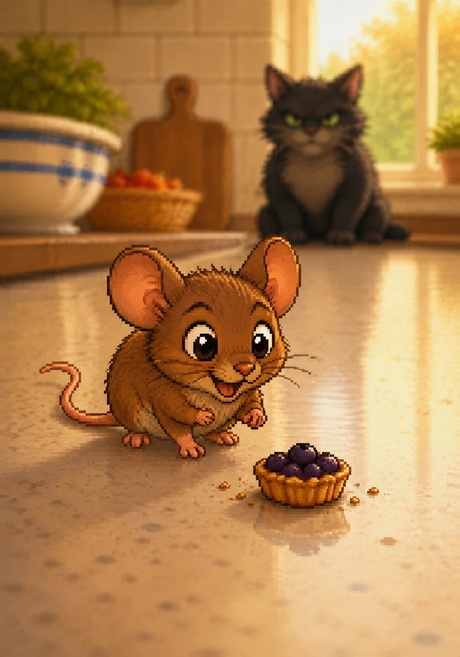 He scurried along the smooth counter lane, scouting for crumbs of a sweet sugar cane. He found a small speck of a blueberry tart, which put a big smile right into his heart.