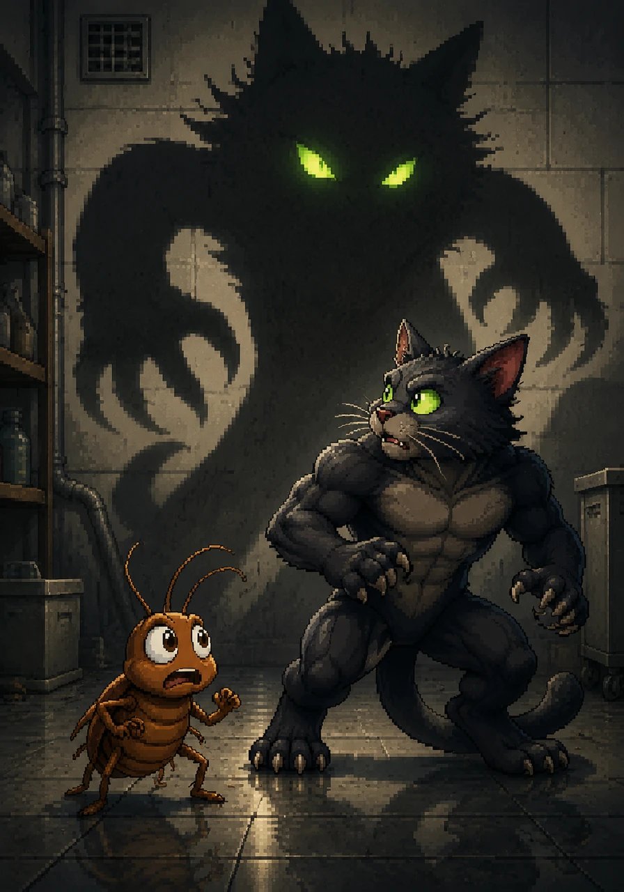 But suddenly, shadows began to loom tall, stretching across the linoleum wall. Two glowing green eyes appeared in the dark, ignuring a wild and dangerous spark.