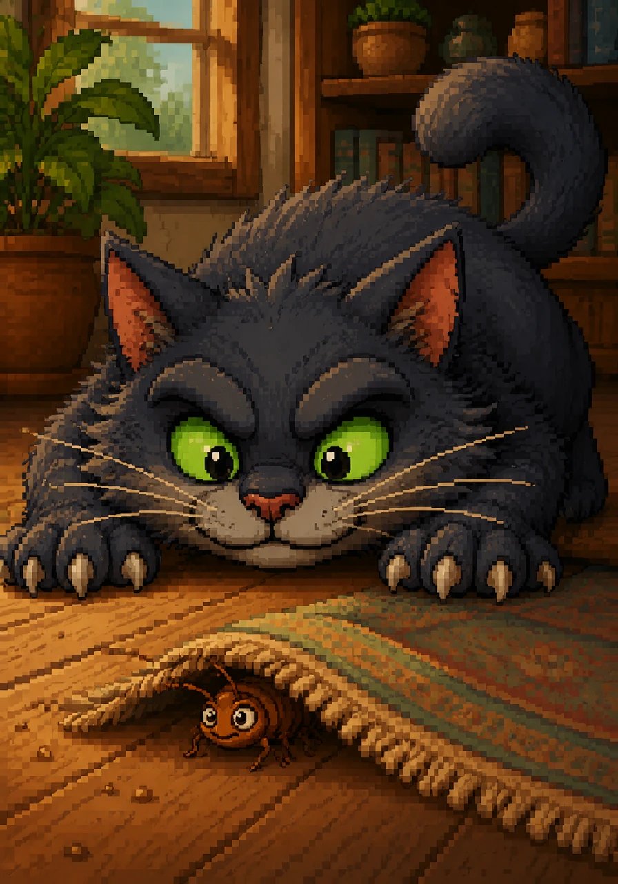 It was Barnaby the cat, with whiskers so wide, looking for something that’s trying to hide. He let out a purr that rumbled like thunder, watching the bug with mischievous wonder.