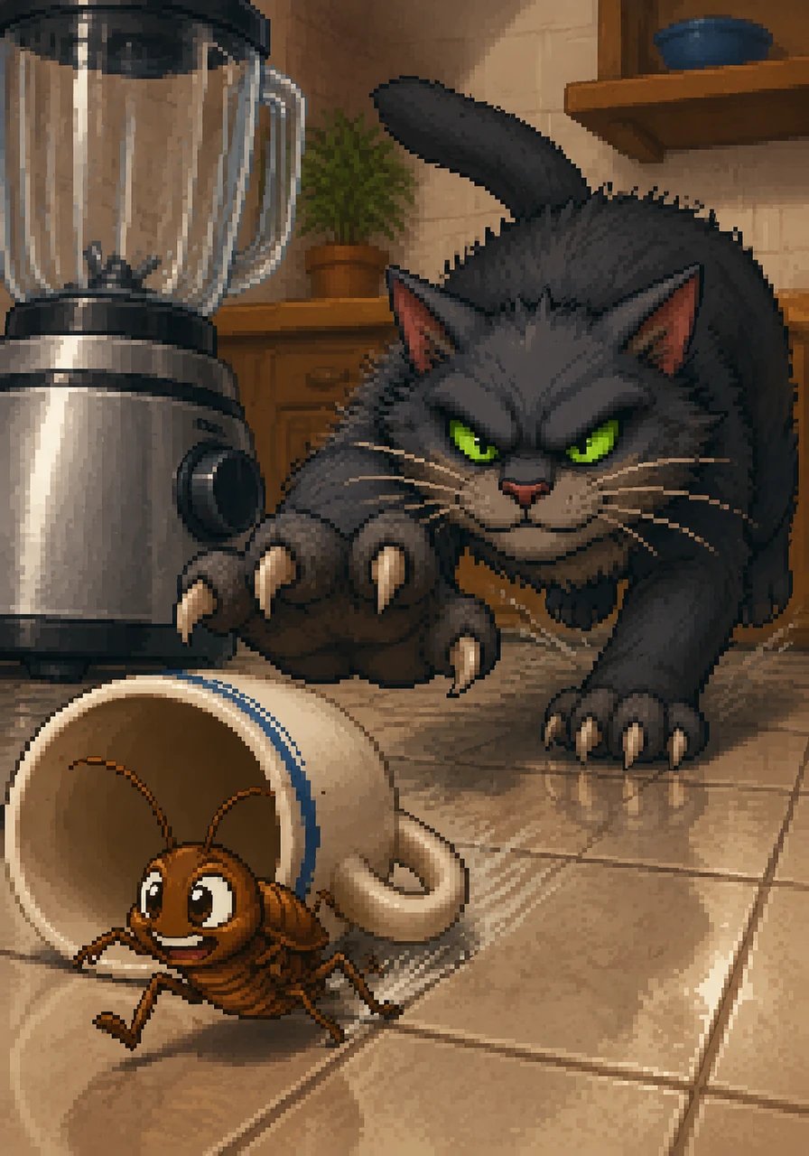 The chase was now on, a fast-paced ballet, as Clyde did his best to get safely away. He zipped past the blender and under a cup, while Barnaby tried hard to scoop Clyde right up.