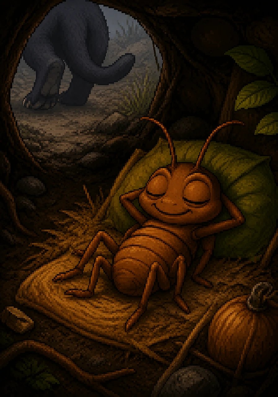 The heavy paws trotted away in defeat, leaving Clyde safe in his cozy retreat. His heart slowed its beat in the dark, quiet space, far from the thrill of the wild morning chase.