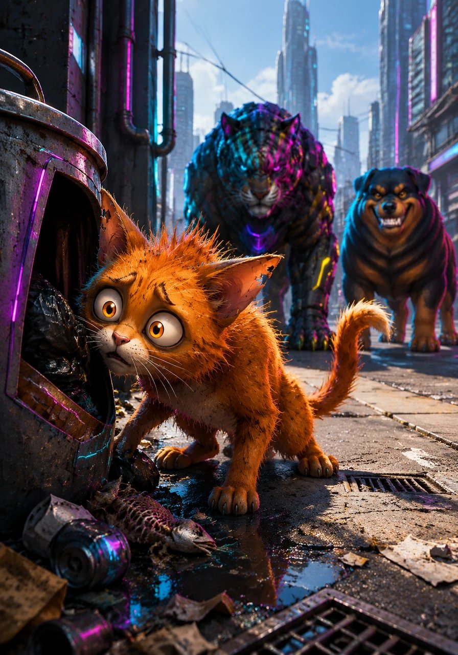 Whiskers, a scruffy ginger cat with tattered ears, sniffs around a metal trash can on a bright, sunny afternoon. His stomach rumbles as he searches for a midday snack along the quiet roadside.