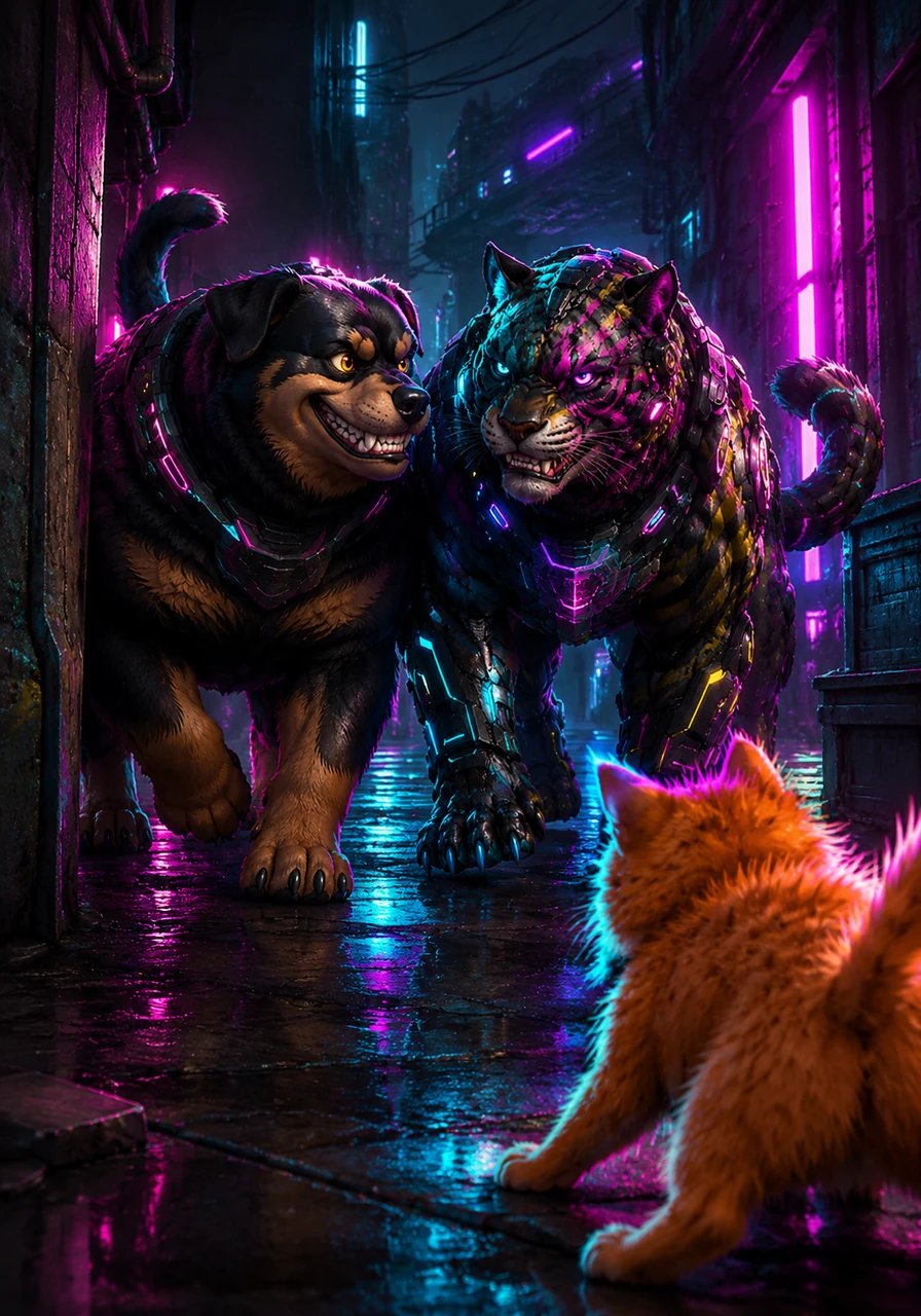 Two large dogs, Rufus and Max, trot around the corner with wagging tails and mischievous glints in their eyes. They spot the small cat and exchange a toothy grin, ready for some trouble.