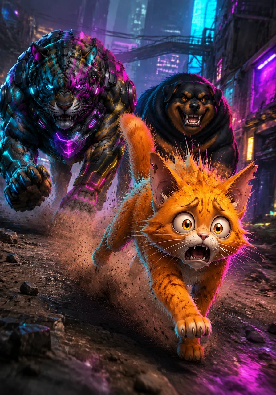 Whiskers freezes, his fur standing on end as he realizes he has been spotted by the boisterous pair. With a panicked meow, he turns and darts down the dusty road as fast as his paws can carry him.