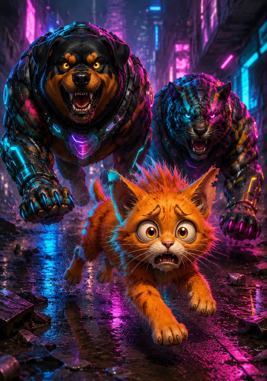The chase is on as Rufus and Max howl with excitement, their heavy paws thumping against the pavement right behind Whiskers. The little cat weaves through obstacles, his heart racing like a drum.