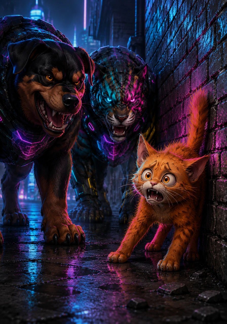 Whiskers finds himself trapped against a high brick wall with no way out. He turns around, trembling and hissing, as the two large dogs close in with playful but intimidating barks.