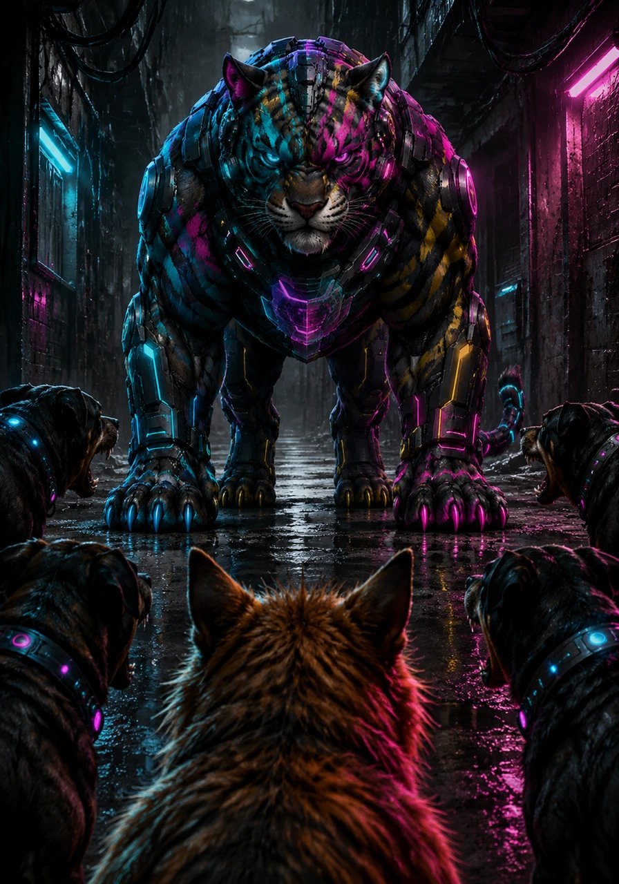 Suddenly, a massive shadow falls over the alleyway as a muscular, battle-scarred cat named Titan steps into the light. He stands tall and firm, blocking the dogs' path with a fearless gaze.