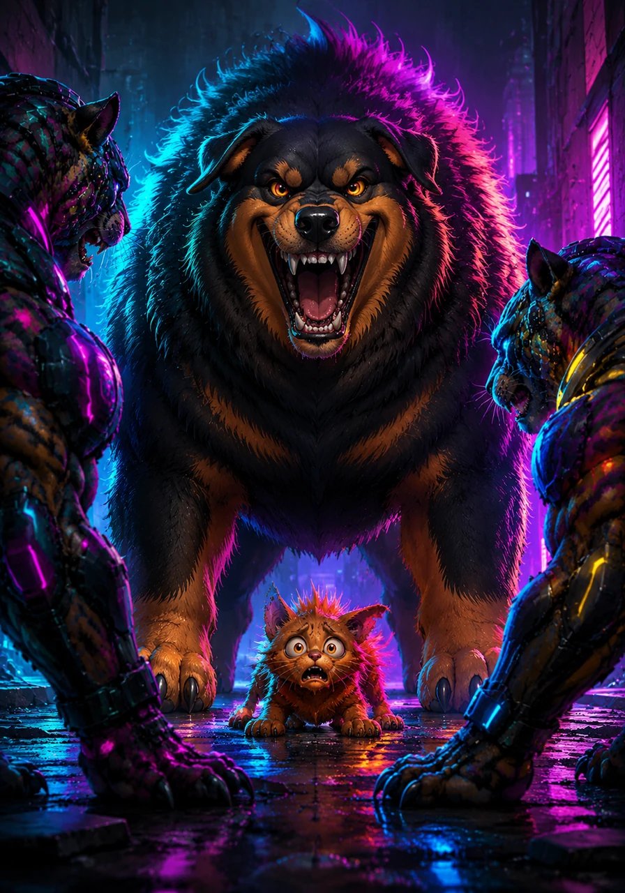 Titan lets out a deep, resonant roar that echoes through the street, his fur puffing out to make him look twice his size. He glares at the bullies, showing them that he won't let them harm the smaller cat.