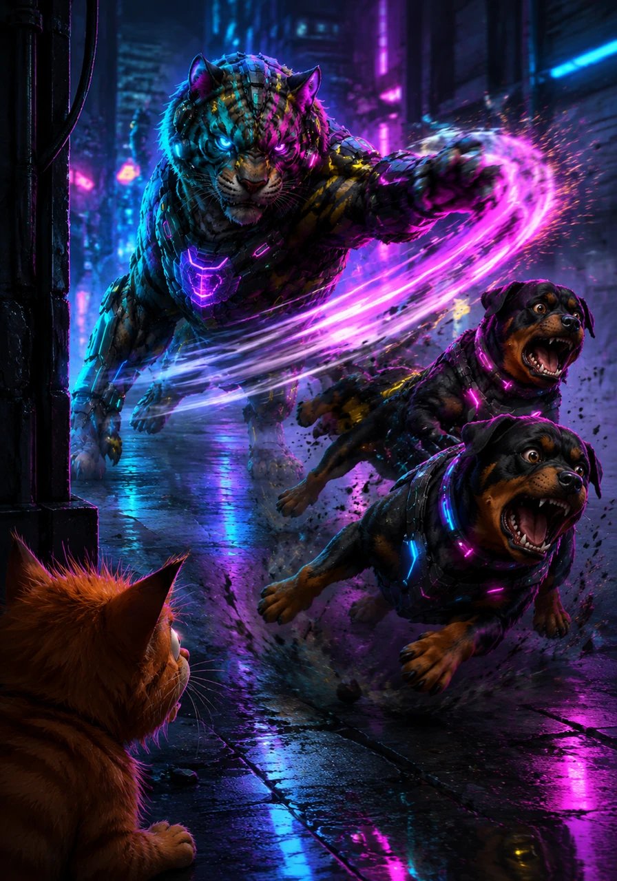 With a lightning-fast swipe of his powerful paw, Titan sends the dogs yelping and scurrying away in the opposite direction. Whiskers watches in awe from the corner, his eyes wide with amazement at his savior's strength.