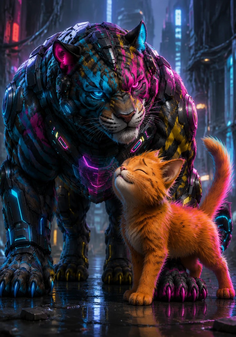 The tension melts away as Titan turns to Whiskers with a gentle smile, his fierce expression softening. Whiskers steps forward, purring with gratitude and feeling the weight of fear lift from his shoulders.