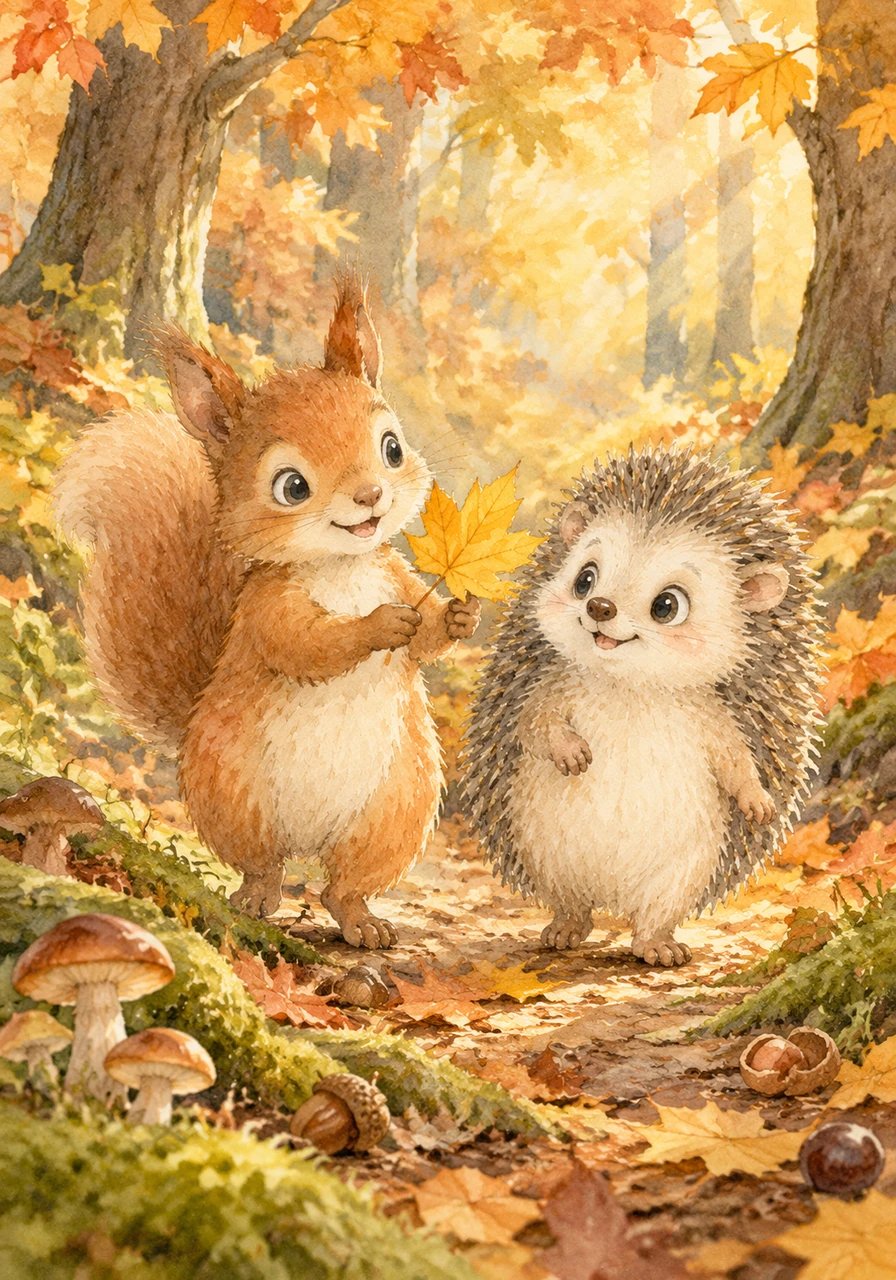 Fips zeigt Pieks stolz sein goldenes Herbstblatt und erzählt ihm vergnügt von seinen Plänen für den Winter. Gemeinsam machen sich die beiden Freunde auf den Weg durch den knisternden Wald, um leckere Eicheln und Nüsse zu suchen. Der Wald riecht herrlich nach feuchter Erde, Pilzen und frischem Holz.