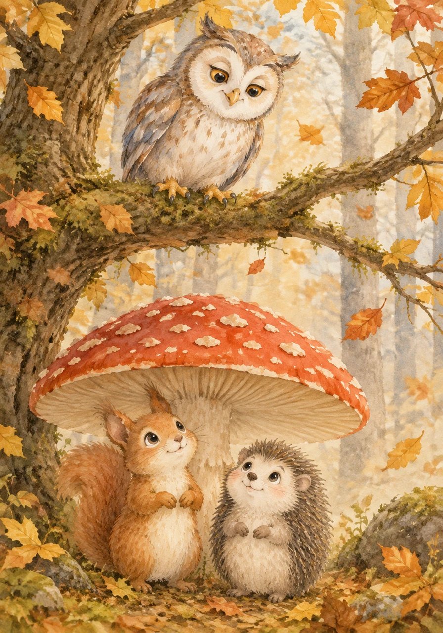 Unter einem großen Fliegenpilz treffen sie die schlaue Eule Ella, die hoch oben auf einem dicken Ast sitzt. Ella erklärt den beiden Freunden lächelnd, warum die Bäume im Herbst ihre Blätter verlieren und manche Tiere sich auf einen dicken Winterschlaf vorzubereiten beginnen. Fips und Pieks lauschen ganz aufmerksam mit großen Augen.